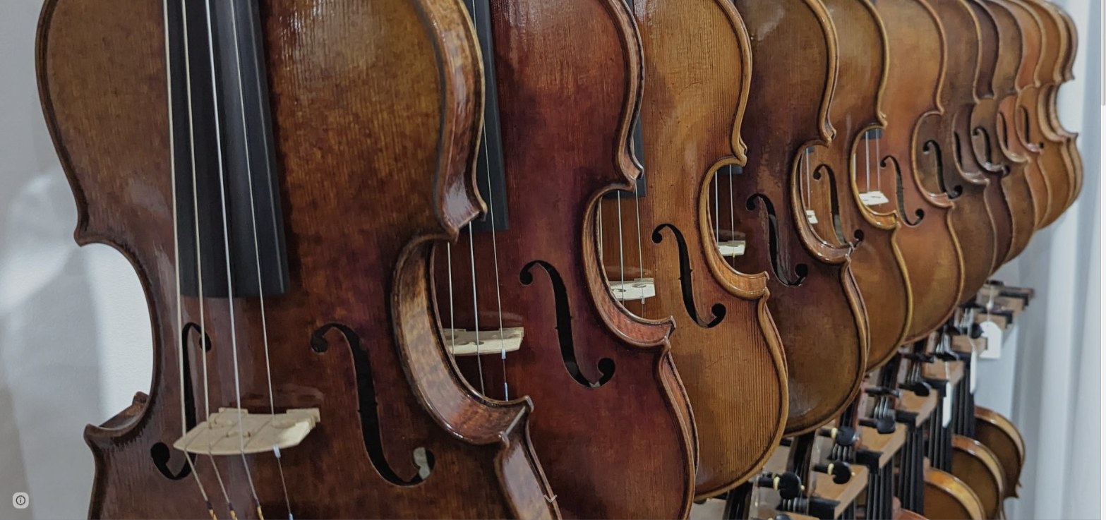 A row of violins hanging in the Sunshine Coast Strings workshop